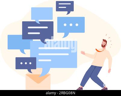 Problema Manychat. Un cliente aziendale confuso ha sopraffatto molte bolle di messaggi, un concetto di pressione eccessiva delle informazioni, un problema di spam marketing e-mail sovraccarico di illustrazione vettoriale per gli uomini Illustrazione Vettoriale