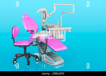Sedia dentale e unità di erogazione su sfondo blu, rendering 3D. Foto Stock