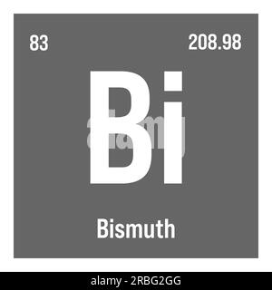 Bismuto, Bi, elemento tavola periodico con nome, simbolo, numero atomico e peso. Metallo pesante con vari usi industriali, come in cosmetici, leghe, e come sostituto del piombo in certe applicazioni. Illustrazione Vettoriale