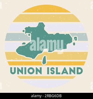 Logo Union Island. Firma con la mappa e le strisce colorate, illustrazione vettoriale. Può essere utilizzato come insegna, logotipo, etichetta, adesivo o badge dell’Unione Illustrazione Vettoriale