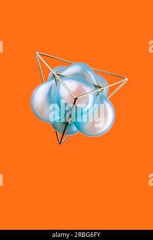 Golden piramide triangolare con un blu turchese balloon isolato su sfondo arancione, rappresentazione trigonometrica di un volume Foto Stock