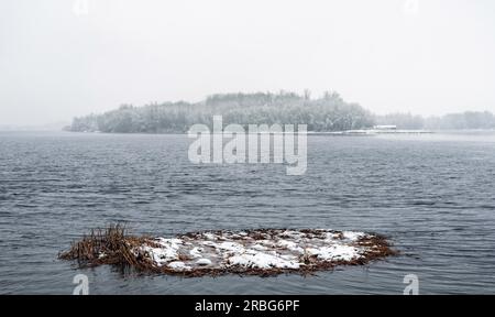 Vista del fiume Dnieper durante un freddo e nevoso giorno d'inverno. Il cielo è coperto da nuvole e fiocchi di neve cadono dolcemente sugli alberi e sul terreno Foto Stock