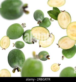 Frutta fresca e foglie di feijoa che cadono su sfondo bianco Foto Stock