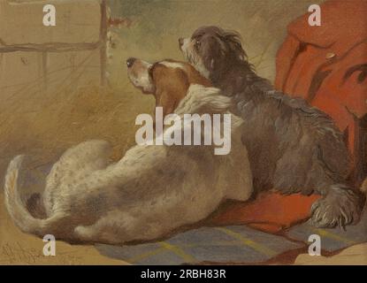 A Hound and a Bearded Collie sitting on a Hunting Coat 1855 di John Frederick Herring Sr. Foto Stock