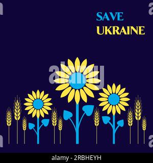Illustrazione con girasoli e grano con l'iscrizione Save Ukraine. Illustrazione Vettoriale