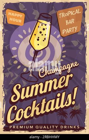 Champagne cocktail retro poster. Sala cocktail, insegna vintage Illustrazione Vettoriale