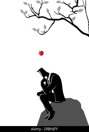 Illustrazione di concetto di affari di una mela che cade all'alba alla testa di un uomo d'affari pensante Illustrazione Vettoriale