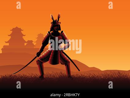 Silhouette illustrazione vettoriale di un Samurai sulla prateria Illustrazione Vettoriale