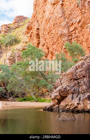 Un pozzo d'acqua semipermanente a Emily Gap (Yeperenye), parte della catena montuosa East MacDonnell (Tjoritja) vicino ad Alice Springs (Mparntwe) nell'Australia centrale Foto Stock