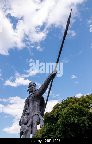 La statua alta sei metri di Aethelflaed, la regina guerriera anglosassone dell'artista luke Perry, situata sull'isola fuori dalla stazione ferroviaria di Tamworth, personale. Aethelflaed è una figura chiave del passato di Tamworth, avendo giocato un ruolo fondamentale nella storia inglese costruendo una catena di fortificazioni contro gli invasori vichinghi in tutto il Regno di Mercia. La sua fortificazione di Tamworth nel 913 d.C. divenne la precursore del castello di Tamworth. Figlia del re Alfredo il grande, l'ascesa di Aethelflaed come regnante femminile è stata descritta come uno degli eventi più unici nella storia del primo medioevo. Foto Stock