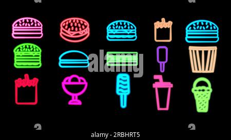 Set al neon luminoso e multicolore di 15 icone di piatti deliziosi e spuntini per il bar-caffetteria del ristorante: Hamburger, patatine fritte, gelato, bibite gassate. Illustrazione Vettoriale