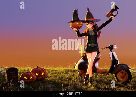 Illustrazione 3D , graziosa strega che tiene in mano un megafono e una pomkin . Vacanze autunnali di Halloween , Hallowen digital marketing concept . Divieto di sconto Foto Stock