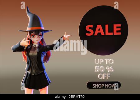 Illustrazione 3D, carina ragazza strega . Vacanze autunnali di Halloween , Hallowen digital marketing concept . Banner sconto . Foto Stock