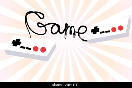 Due vecchi telecomandi con joystick hipster retrò bianchi degli anni '80, '90 per console videogiochi e un gioco di iscrizioni scritto da un filo di again Illustrazione Vettoriale