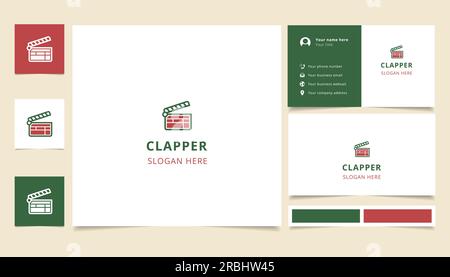 Logo Clapper con slogan modificabile. Libro di branding e modello di biglietto da visita. Illustrazione Vettoriale