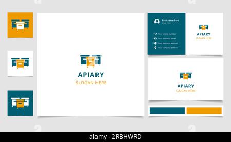 Logo apiario con slogan modificabile. Libro di branding e modello di biglietto da visita. Illustrazione Vettoriale