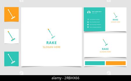 Logo rake con slogan modificabile. Libro di branding e modello di biglietto da visita. Illustrazione Vettoriale