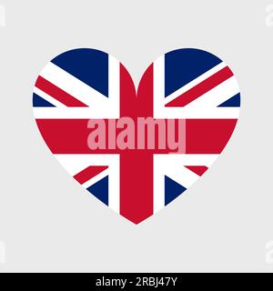 Icone vettoriali con flag UK impostate in forma di cuore, stella, cerchio e mappa. Illustrazione della bandiera del Regno Unito e della Gran Bretagna in forme geometriche diverse. Simbolo nazionale britannico. Illustrazione Vettoriale
