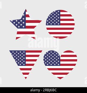 Icone vettoriali con flag USA impostate in forma di cuore, stella, cerchio e mappa. Illustrazione della bandiera americana in diverse forme geometriche. Illustrazione Vettoriale