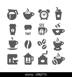 Set di icone vettoriali per caffè in grani, tazze e macchina. Icone Coffee To Go, premi e tritatutto. Illustrazione Vettoriale