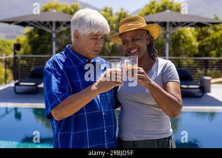 Buon senior persone diverse che fanno festa, facendo toast in giardino. Stile di vita senior, amicizia e relax, pensione, inalterata. Foto Stock