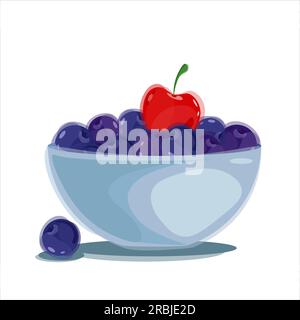 Piatto blu con bacche estive in stile acquerello. Ciliegia rossa solitaria con mirtilli viola. Vettore. Illustrazione Vettoriale
