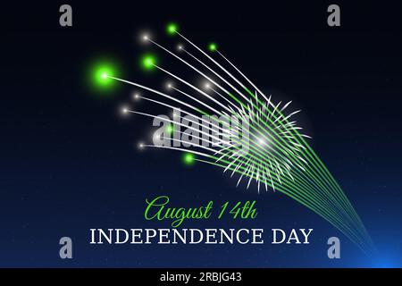 14 agosto, giorno dell'indipendenza del pakistan, modello vettoriale con bandiera pakistana, fuochi d'artificio colorati sullo sfondo blu del cielo notturno. Festa nazionale pakistana Illustrazione Vettoriale