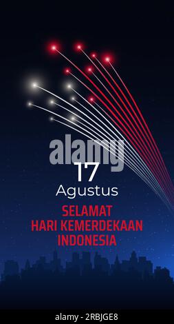 17 agosto, giorno dell'indipendenza dell'indonesia, bandiera indonesiana dei fuochi d'artificio sul cielo notturno, paesaggio urbano. Festa nazionale indonesiana. Biglietto d'auguri. Vettore Illustrazione Vettoriale