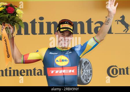 Mads Pedersen Danimarca Lidl Trek, vincitrice di una tappa sul podio 8 a Limoges Foto Stock