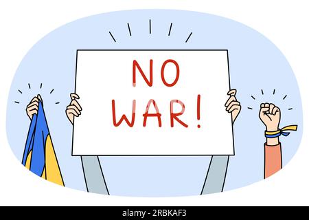 Gli attivisti che detengono la bandiera Ucraina e No War firmano una dimostrazione contro l'aggressione russa in Ucraina. Persone di protesta o di rivolta contro l'invasione russa. Stand per la pace. Illustrazione vettoriale. Illustrazione Vettoriale