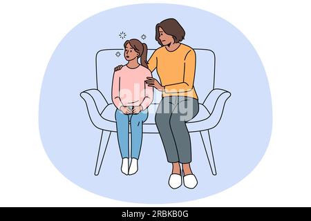 Mamma giovane amorevole parlare con la figlia teen stressata che soffre di bullismo a scuola. Cura del comfort della madre sostegno bambino adolescente piccola ragazza. Concetto di maternità. Illustrazione vettoriale. Illustrazione Vettoriale