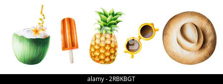 Set di illustrazioni ad acquerello con cappello di paglia, ananas, gelato su bastone, cocktail di cocco con paglia e occhiali da sole. Frutta tropicale isolata Foto Stock