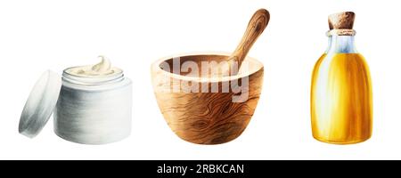 Set acquerello con crema viso in vaso, bottiglia in vetro d'olio con tappo in sughero e mortaio in legno e pestello isolati su sfondo bianco. Prodotti di bellezza e. Foto Stock