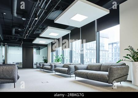 spaziosa sala d'attesa con divani grigi e confortevoli, piante verdi naturali e grandi finestre in un moderno ufficio di coworking, organizzazione dello spazio di lavoro c Foto Stock
