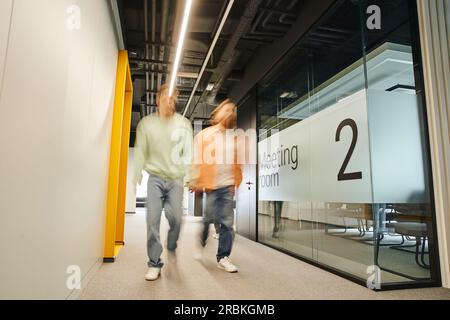 lunga esposizione di due partner commerciali di successo che camminano lungo la sala riunioni nel corridoio di un ufficio contemporaneo con un ambiente di coworking e un'alta Foto Stock