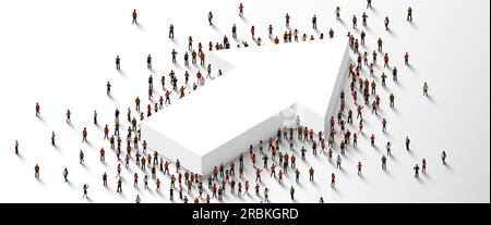 Grande gruppo di persone in piedi intorno al simbolo della freccia crescente. Illustrazione vettoriale Illustrazione Vettoriale