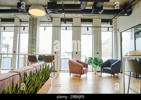 accogliente sala d'attesa con grandi finestre, poltrone morbide e confortevoli, piante verdi e naturali in un moderno ambiente di coworking, spazio di lavoro organizzato Foto Stock