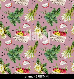 Raccolta di frutti tropicali e foglie di palma, fiori e fette con motivo ad acquerello senza cuciture su sfondo rosa polvere Foto Stock