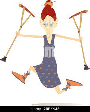 Felice vecchia donna che corre con stampelle in entrambe le mani. Vecchia donna sana e felice con stampelle in entrambe le mani. Isolato su bianco Illustrazione Vettoriale