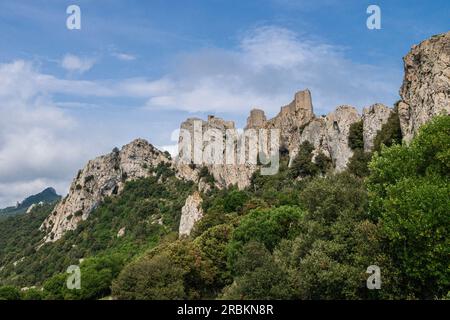 Peyrepertuse (Languedocien: Castèl de Pèirapertusa) è una fortezza in rovina e uno dei cosiddetti castelli catari situati in alto nei Pirenei francesi. Foto Stock