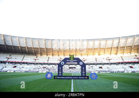 Belo Horizonte, Brasile. 8 luglio 2023. MG - BELO HORIZONTE - 07/08/2023 - BRASILEIRO A 2023, ATLETICO-MG X CORINTHIANS - Vista generale dello stadio Mineirao e Totem do Brasileirao per la partita tra Atletico-MG e Corinthians per il campionato brasiliano A 2023. Foto: Gilson Lobo/AGIF/Sipa USA credito: SIPA USA/Alamy Live News Foto Stock