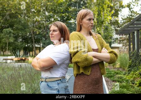 Donna arrabbiata che ha una conversazione seria con un amico all'aperto. Litigare con due amici. Problemi familiari. Arrabbiato spettacolo femminile emozione. Persone depressive. Foto Stock