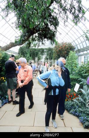Giardino botanico di New York, USA. Visitatori che guardano alla mostra Darwin's Garden nel Conservatorio Enid A Haupt. Attrazione turistica Foto Stock