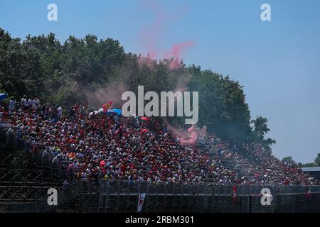 Monza, Italia. 9 luglio 2023. I tifosi della Ferrari festeggiano in occasione del WEC FIA World Endurance Championship 6 ore di Monza 2023 all'autodromo Nazionale di Monza. Credito: SOPA Images Limited/Alamy Live News Foto Stock