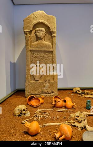 Francia, Aveyron (12), Rodez, Museo Fenaille, stele di Alcovindus e sepoltura di una donna (gallo-romano) Foto Stock