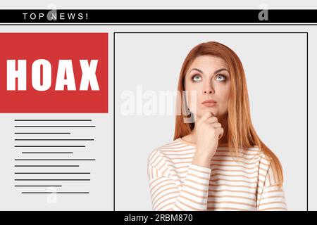 Foto di donna premurosa e articolo con titolo Hoax sul giornale Foto Stock