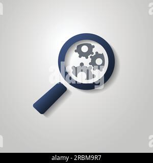 Analisi aziendale concetto di simbolo con lente d'ingrandimento icona e ingranaggi Illustrazione Vettoriale