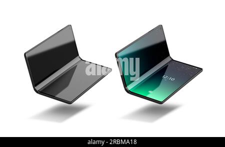 Attivato disattivato il display flessibile della rubrica mockup a metà piegato, rendering 3D. Modello di smartphone con display multiplo vuoto aperto, isolato. Scavo chiaro Foto Stock
