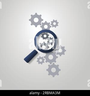 Business Analysis o Problem Finding Symbol Concept con Magnifying Glass Icon and Gears Illustrazione Vettoriale