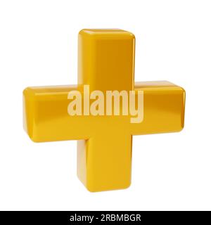 3d realistico giallo dorato più, icona di aggiunta segno. Elemento aritmetico decorativo, matematica didattica, simbolo matematico o medico. Illustrazione astratta Foto Stock